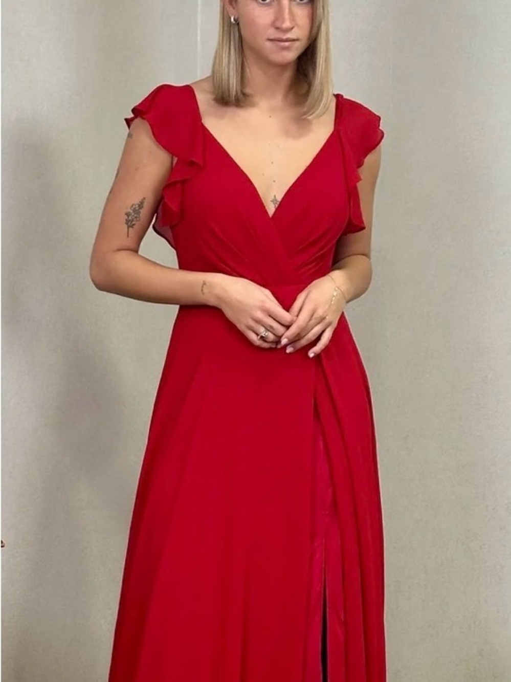 David's Bridal Red Ruffle Sleeve V-Neck Maxi Dress